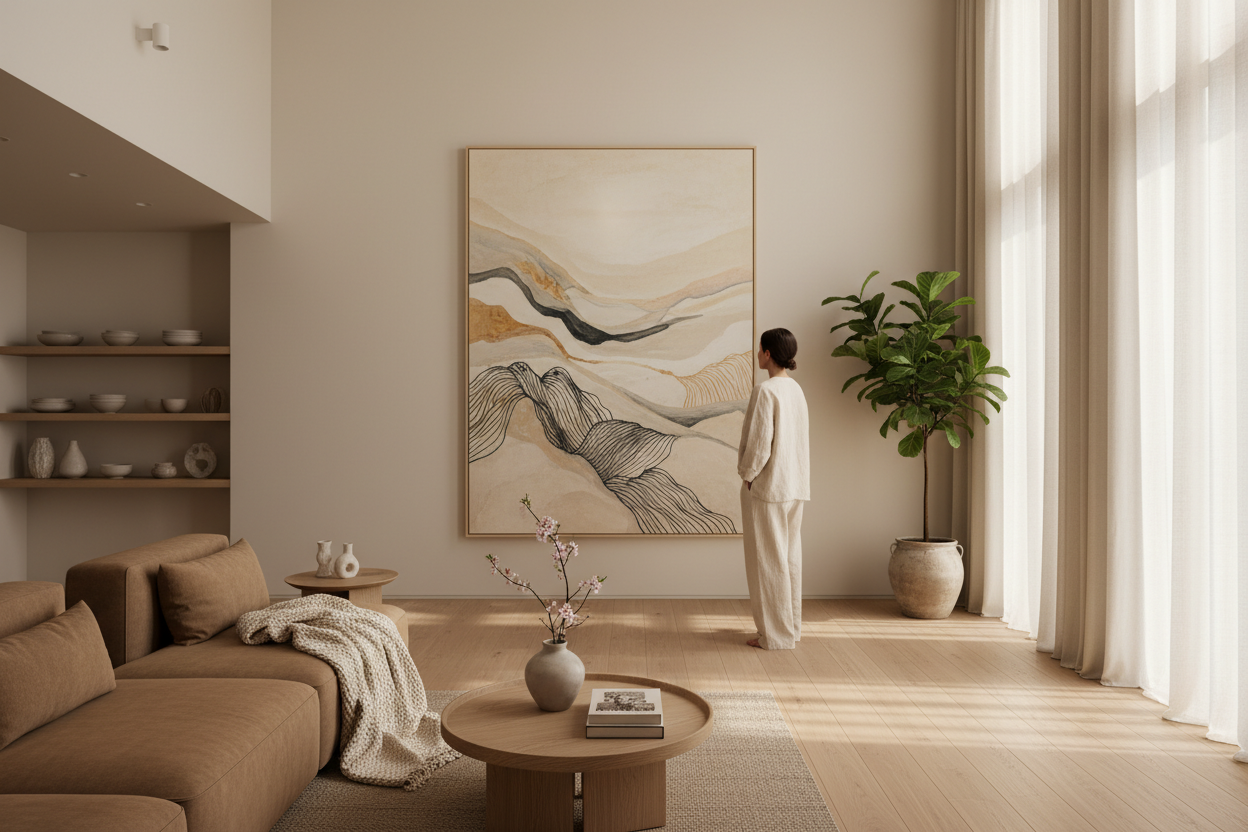 пусть девушка стоит и смотрит на картину